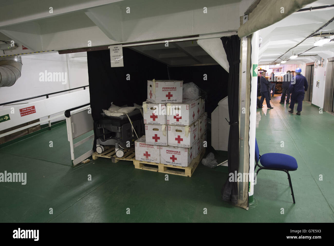 Medical equipment is stowed aboard the Royal Fleet Auxiliary Argus, currently docked in Falmouth, as several hundred crew prepare to set sail on Friday October 17th to Sierra Leone, Africa, to assist with the Ebola epidemic. Stock Photo