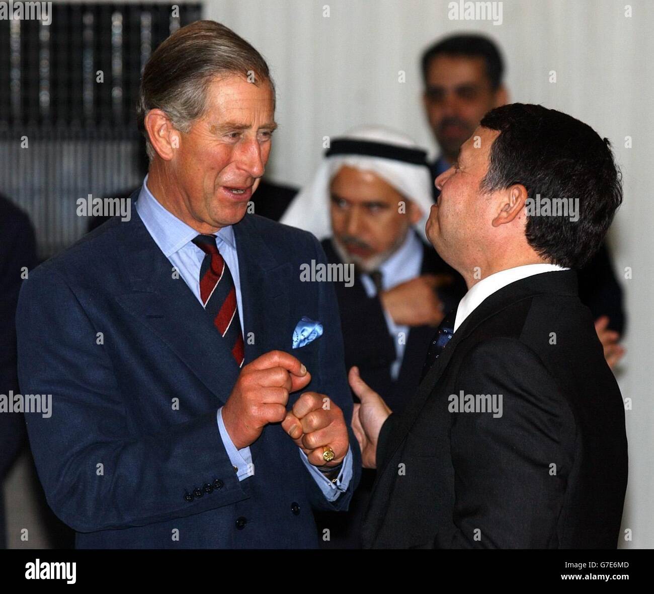 The Prince of Wales (left) and Jordan's King Abdullah speak to each other prior to iftar - the breaking of the fast at the end of the day in the Muslim holy month of Ramadan at the Royal Court in Amman, Jordan. Stock Photo