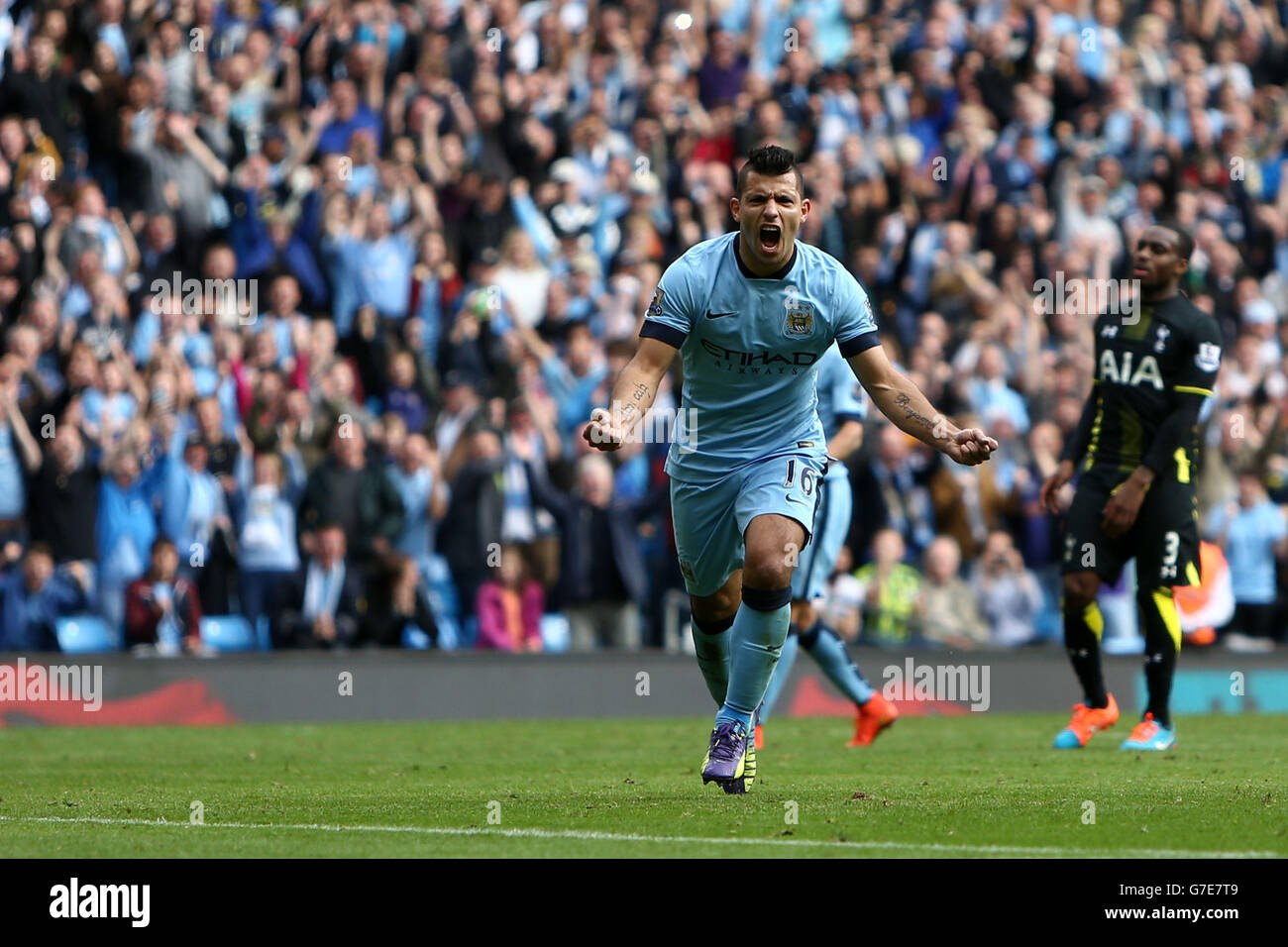 Manchester City's Sergio Aguero celebrates scoring is sides third goal of the game during the Barclays Premier League match at the Etihad Stadium, Manchester. Stock Photo