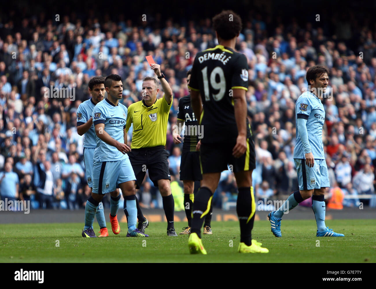 Tottenham Hotspurs' Federico Fazio (not pictured) is sent off by match referee Jon Moss during the Barclays Premier League match at the Etihad Stadium, Manchester. Stock Photo