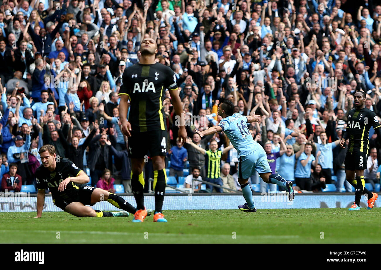 Manchester City's Sergio Aguero celebrates scoring is sides fourth goal of the game during the Barclays Premier League match at the Etihad Stadium, Manchester. Stock Photo