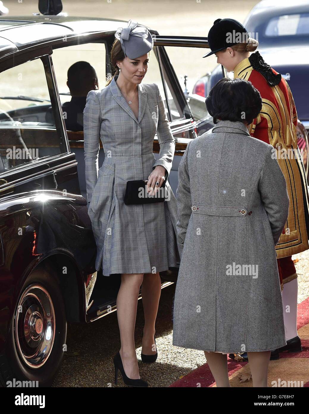 The Duchess of Cambridge arrives for a ceremonial welcome for the President of Singapore Tony Tan, and his wife, at Horse Guards Parade in London on the first of a four day state visit to the Britain. Stock Photo