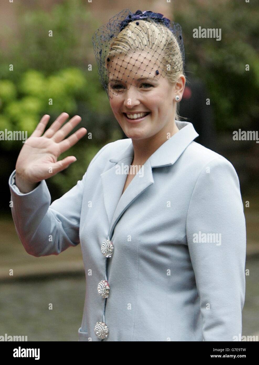 Lady Edwina Grosvenor arrives at Chester Cathedral for the wedding of Laday Tamara Grosvenor and Edwin van Cutsem. Stock Photo
