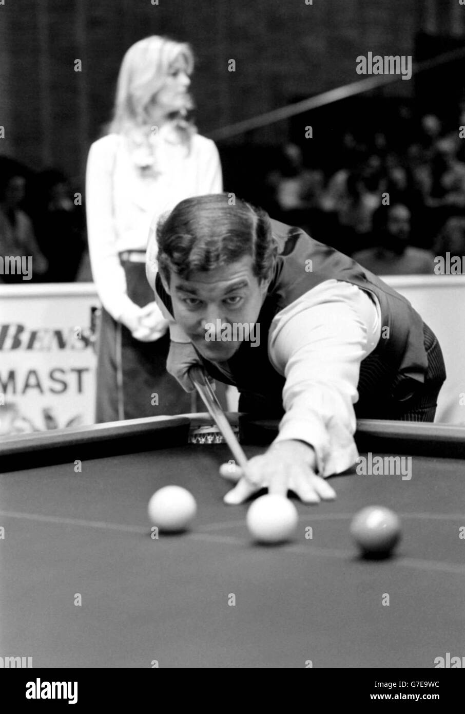 A moment of concentration for former Pot Black snooker champion, Australia Eddie Charlton during the early stages of his quarter final against Northern Islands Alex Higgins in the Benson and Hedges Masters