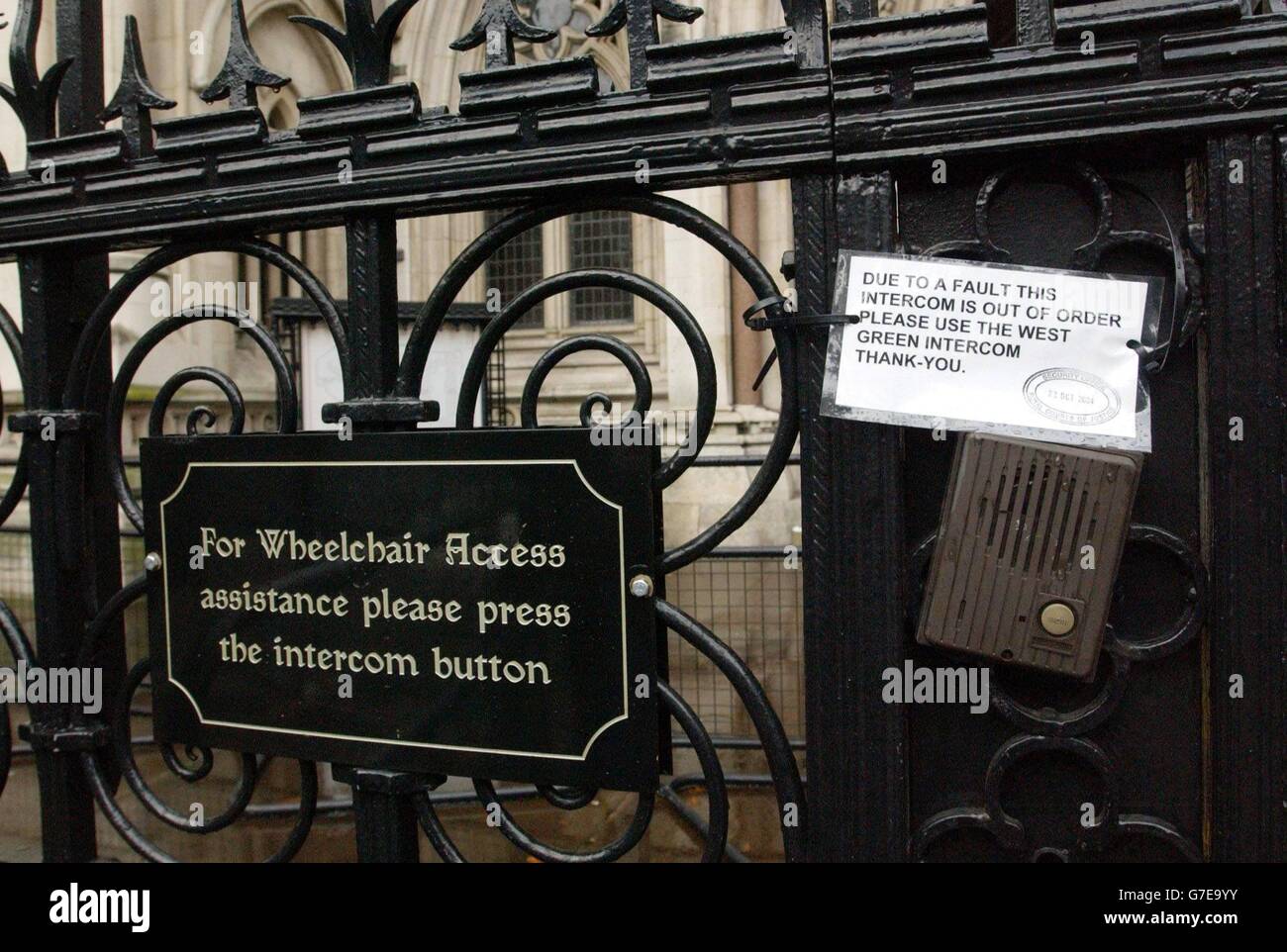 A sign outside the Court of Appeal, London, where budget airline Ryanair are challenging a ruling that it unlawfully discriminated a disabled man by charging him to use a wheelchair at an airport. Mr Ross, who has cerebral palsy and arthritis, was charged 18 at Stansted Airport to take him from the check-in desk to the plane while travelling from London to France in 2002. Campaigners for the disabled claimed that the judgment at London County Court in January that Ryanair had acted unlawfully was a landmark discrimination case. Stock Photo