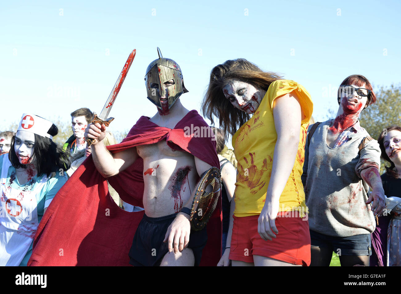 A group of 'zombies' during the Zombie Evacuation Race at Milton Country Park in Cambridge. Stock Photo