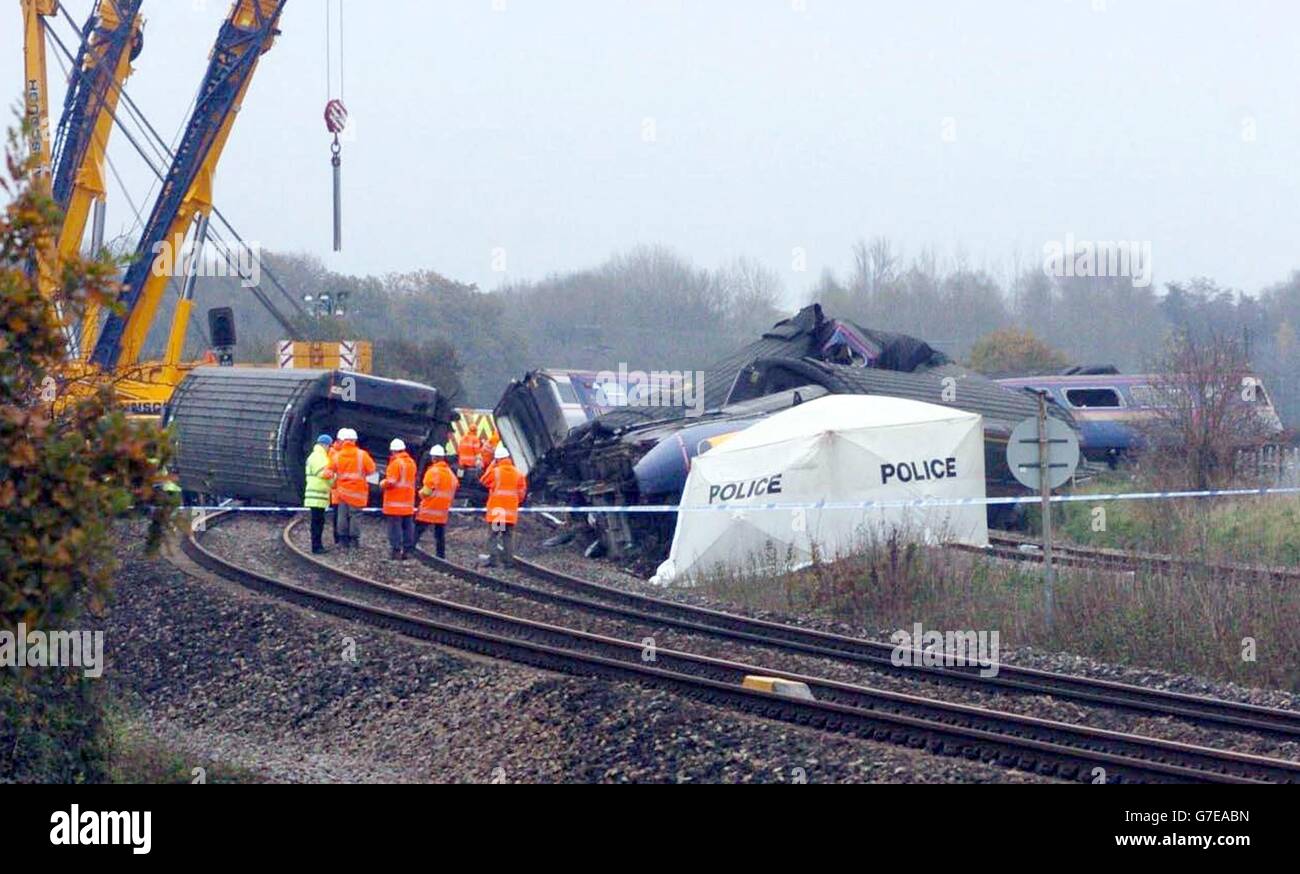 The mangled wreckage of the train which derailed after it had hit a car parked on a level crossing at Ufton Nervet in Berkshire. The crash, which has so far claimed seven lives, occurred after the train had left Reading bound for Plymouth. Stock Photo
