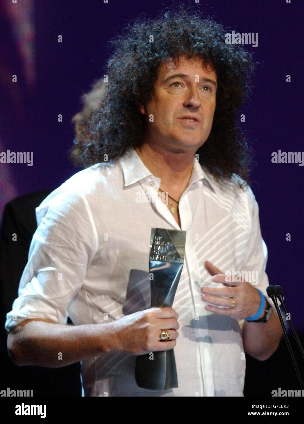 Brian May from Queen receives the audience vote for the 70s decade, during the UK Music Hall Of Fame - live final, at the Hackney Empire in east London. The Channel 4 series looking at popular music from the 1950s to the 1980s, has been asking the public to vote on who should enter the Hall Of Fame, and winners are inducted this evening. Stock Photo