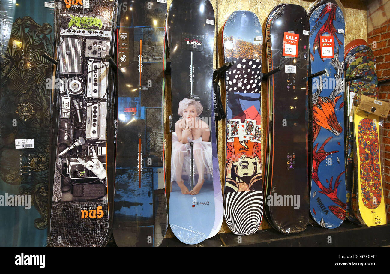 A snowboard stand at the Ski and Snowboard show at Earls Court in