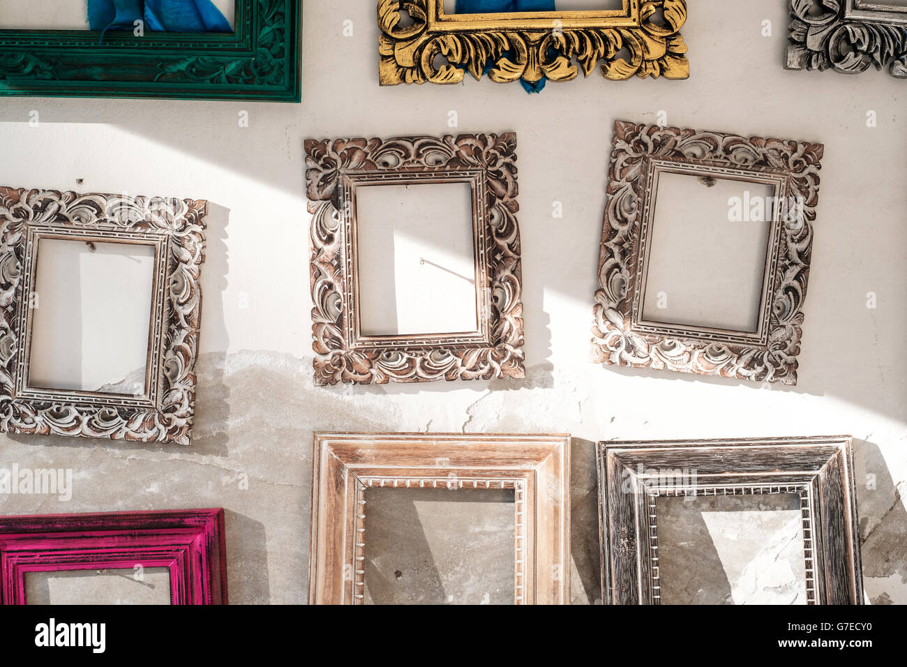 Antique vintage picture frames on a white wall Stock Photo Alamy