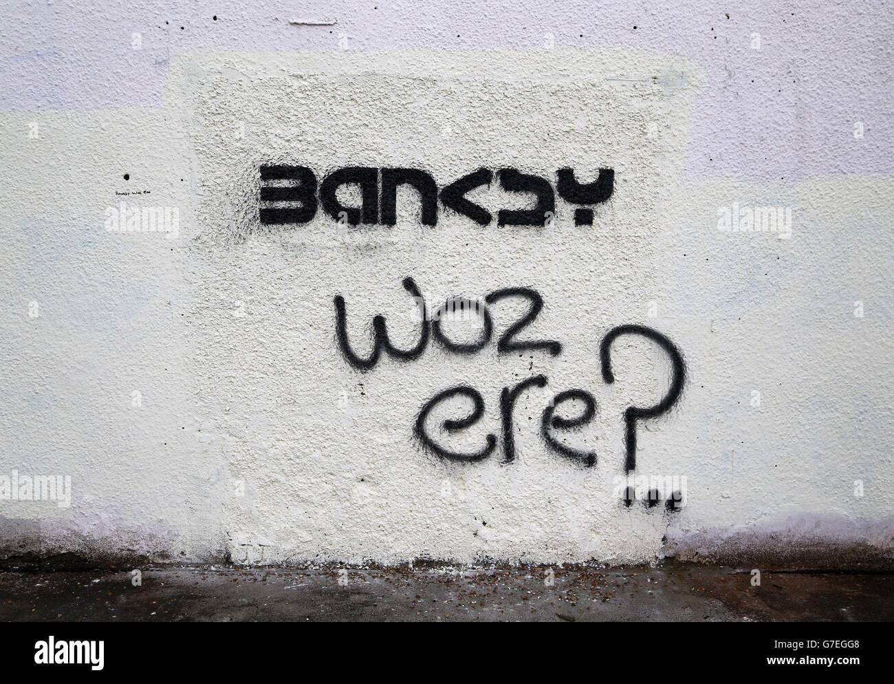 Fresh graffiti on the site where the mural entitled Art Buff created by  street artist Banksy was situated before it was removed Stock Photo - Alamy