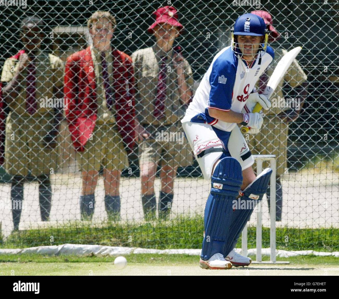 England's James Anderson in the nets watched by local school children during England training at the Harare Sports Club before the second one-day international against Zimbabwe. Stock Photo