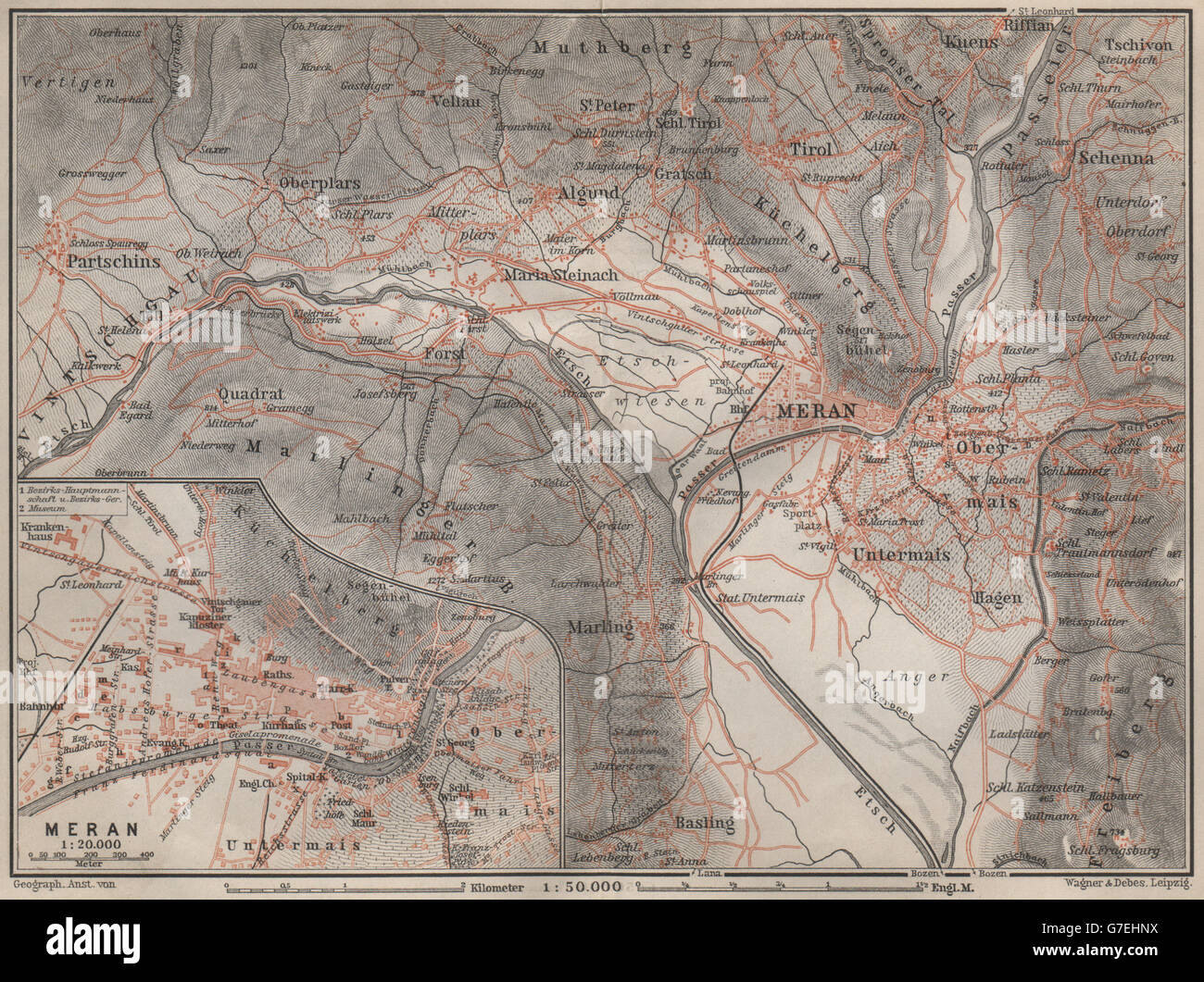 MERANO / MERAN environs Scena Plars di Sopra Marlengo Lagundo Parcines, 1905 map Stock Photo