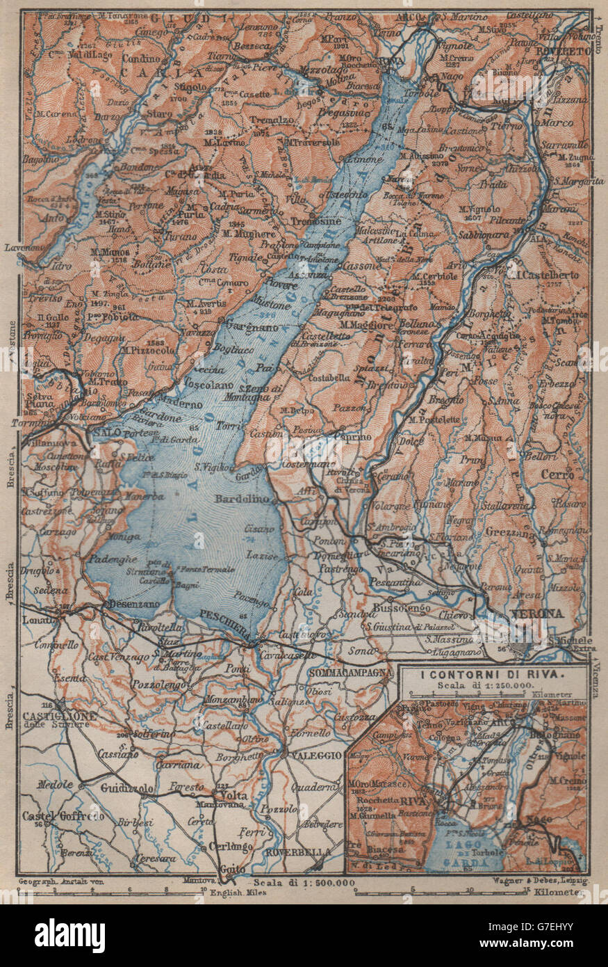 LAGO DI/LAKE GARDA. Riva Salo Peschiera Verona. topo-map. Italy mappa, 1905 Stock Photo