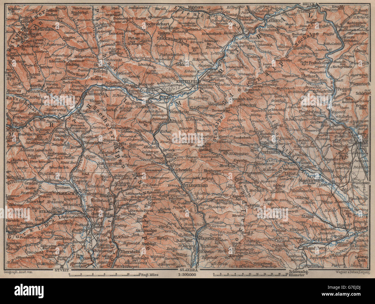 STYRIAN & CARINTHIAN ALPS. Murau Graz Murtal Leoben Wolfsburg. Austria, 1905 map Stock Photo
