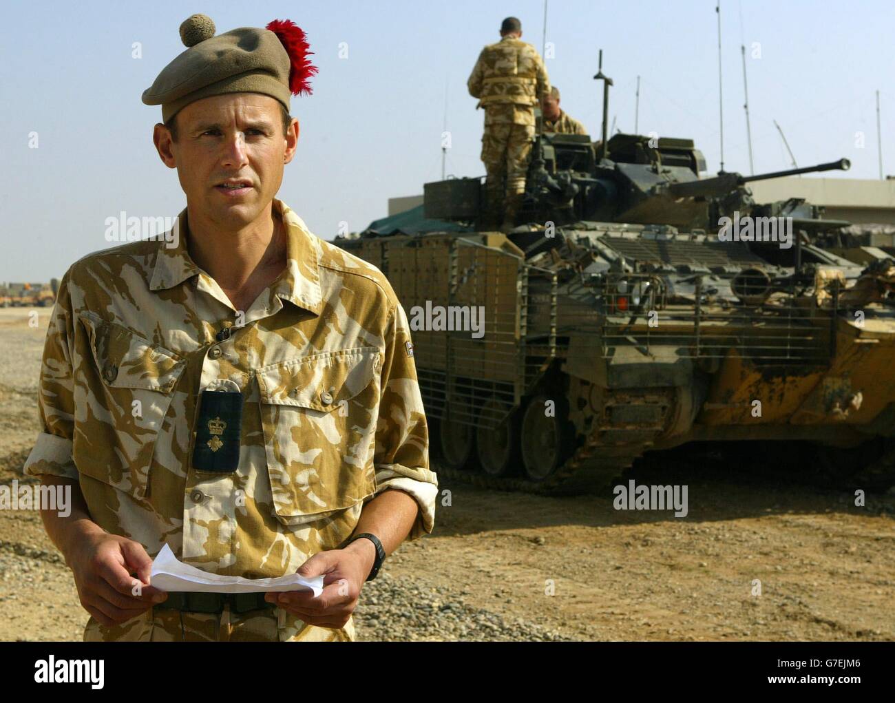 Lieutenant Colonel James Cowan, commanding officer of the Black Watch speaking at the battalion's temporary base Camp Dogwood, Iraq after three soldiers were killed in a suicide attack. The car bomb, which also claimed the life of an Iraqi interpreter and injured eight other soldiers, was the first suicide attack to kill British troops in Iraq. The bodies of the dead men were due to be flown to Basra airport later today for a repatriation ceremony before being returned to the UK and their families next week. Stock Photo