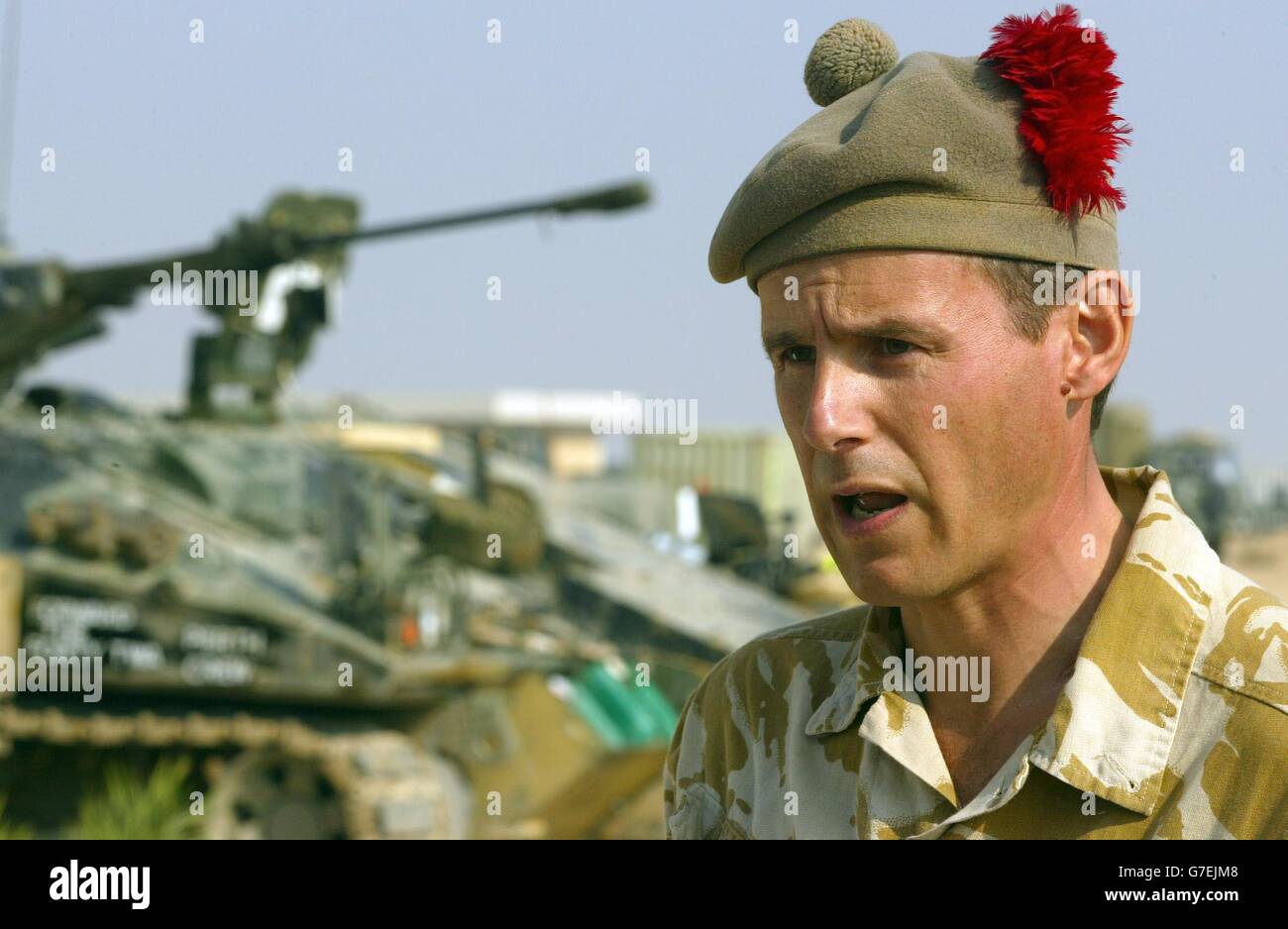 Lieutenant Colonel James Cowan, commanding officer of the Black Watch speaking at the battalion's temporary base Camp Dogwood, Iraq after three soldiers were killed in a suicide attack. The car bomb, which also claimed the life of an Iraqi interpreter and injured eight other soldiers, was the first suicide attack to kill British troops in Iraq. The bodies of the dead men were due to be flown to Basra airport later today for a repatriation ceremony before being returned to the UK and their families next week. Stock Photo
