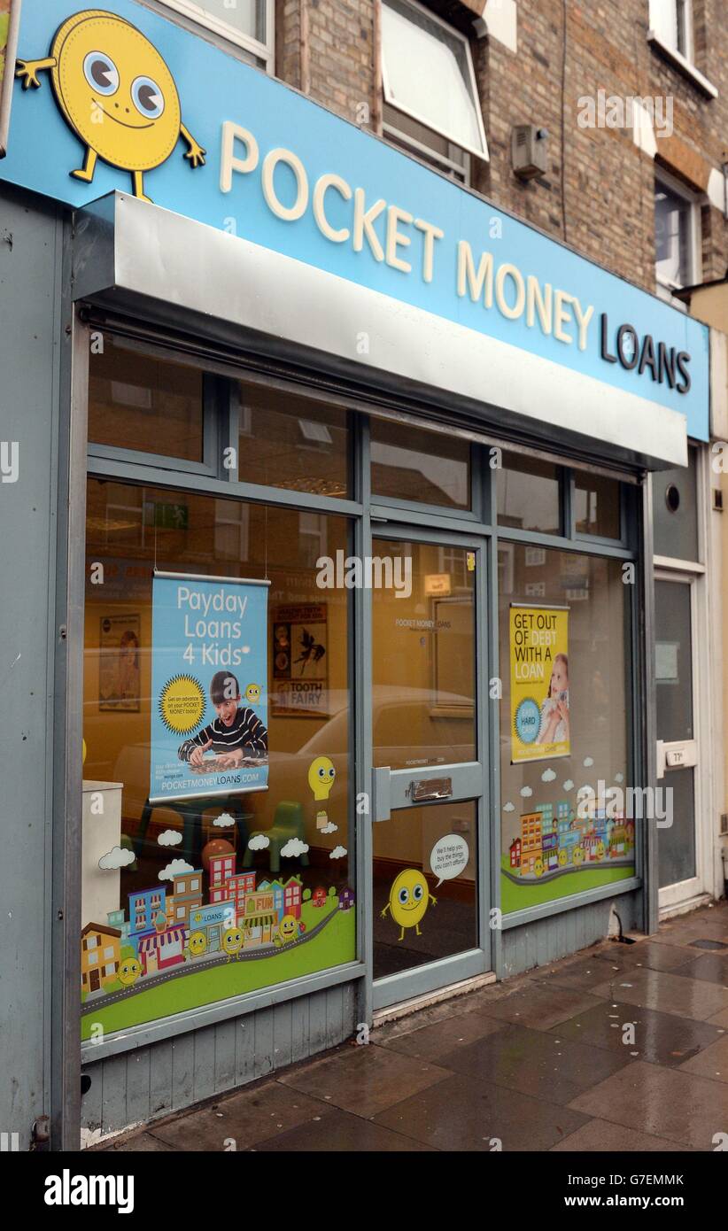 A general view of Darren Cullen's pop-up shop Pocket Money Loans, on Stroud Green Road, north London, which makes fun of the controversial payday loan shops which appear on most high streets. Stock Photo
