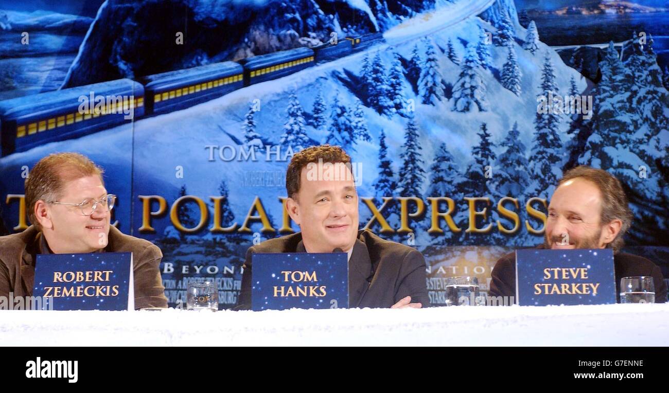 American actor Tom Hanks (centre) with producer Steve Starkey (right) and film director Robert Zemeckis during a press conference for their latest film The Polar Express, held at the Dorchester Hotel, central London. Stock Photo