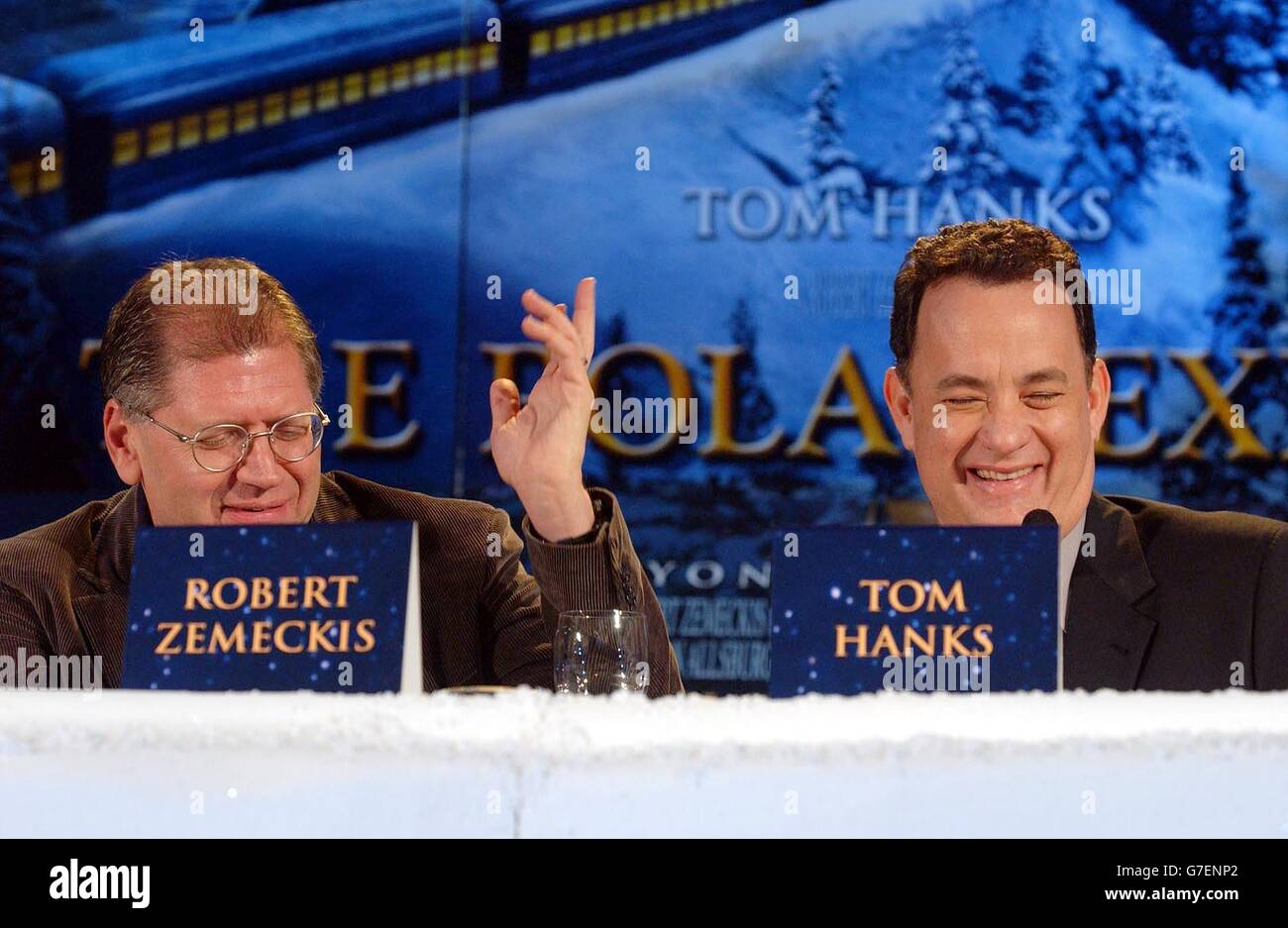 American actor Tom Hanks with film director Robert Zemeckis during a press conference for their latest film The Polar Express, held at the Dorchester Hotel, central London. Stock Photo
