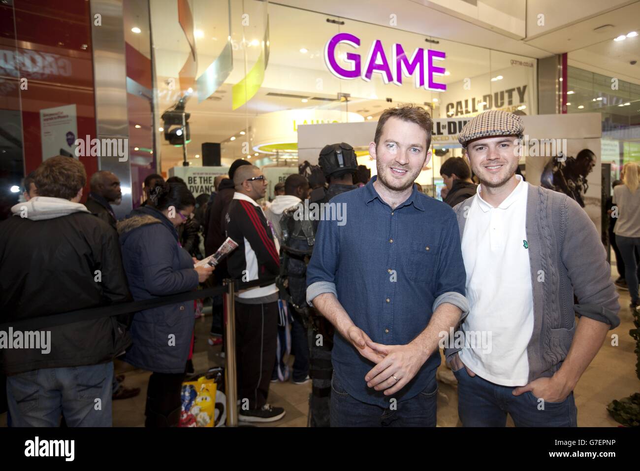 EDITORIAL USE ONLY Ex Hollyoaks actors Matt Littler and Daren Jefferies from we got game at the launch of Call of Duty Advanced Warfare at the GAME store in Westfield Stratford City in London, which opened at midnight so fans could get a copy the moment the game was released. Stock Photo