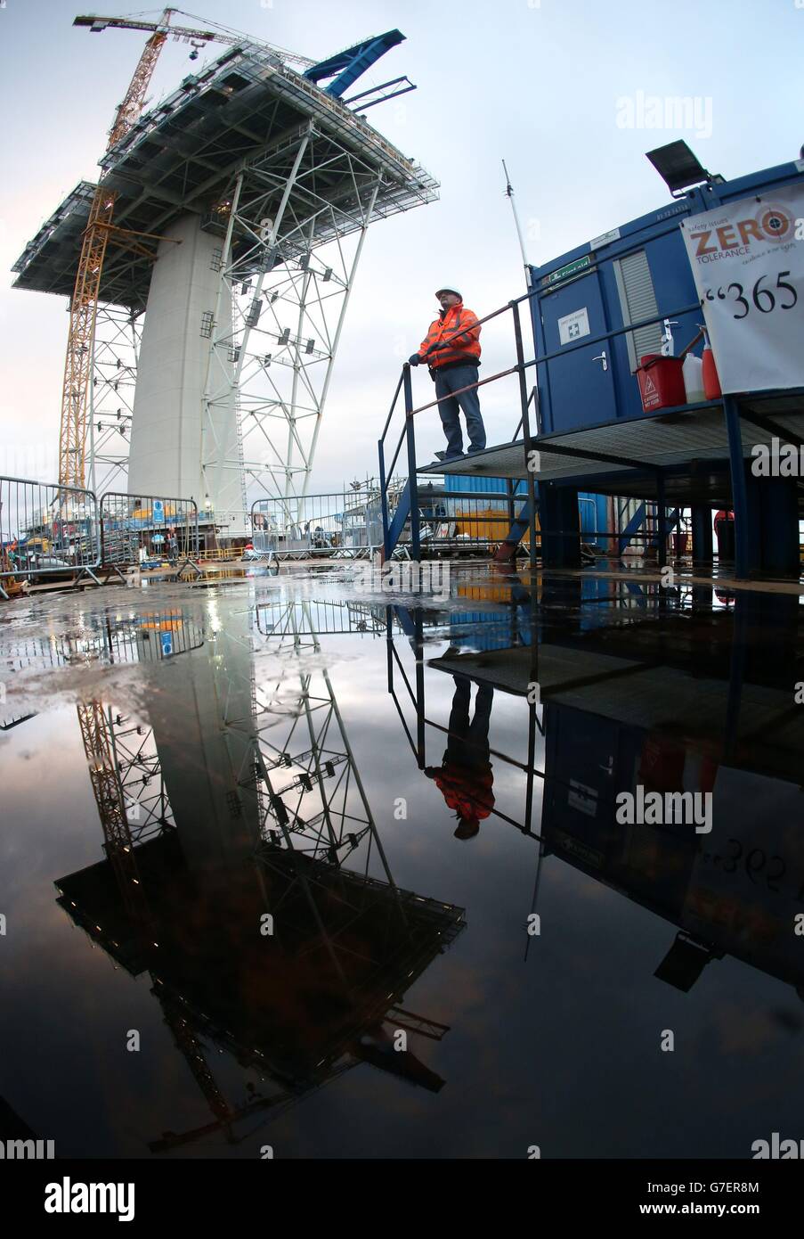 General foreman Sean Leary at the Central Tower on Beamer Rock in the Forth, Scotland, as work continues on the Queensferry Crossing which is due for completion in 2016 and will reach 207 meters in height. Stock Photo