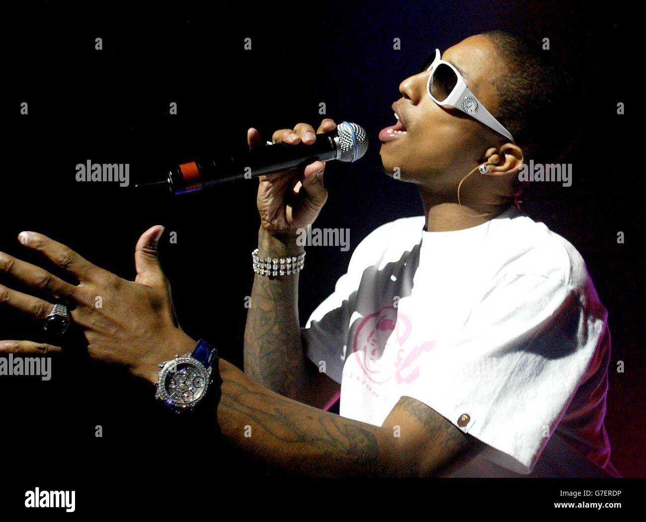 N.E.R.D. at the Carling Apollo in Manchester. N.E.R.D. lead singer Pharrell Williams during his band's concert at the Carling Apollo in Mancheste. Stock Photo