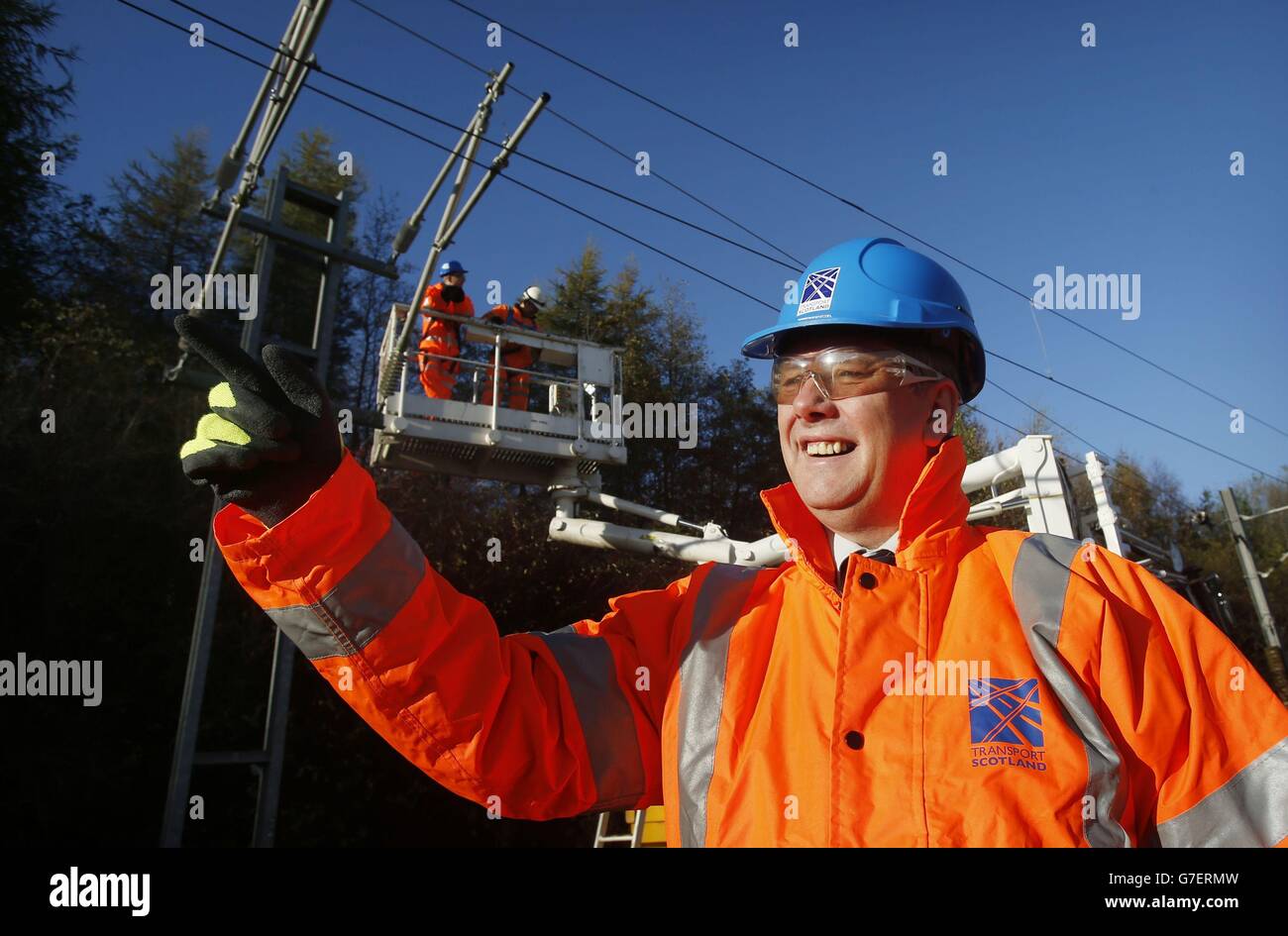 Transport Minister Keith Brown during a visit to a Babcock training base in Blantyre, Scotland, as Network Rail announces the awarding of contracts for the £250 million electrification of the Edinburgh-Glasgow main line. Stock Photo