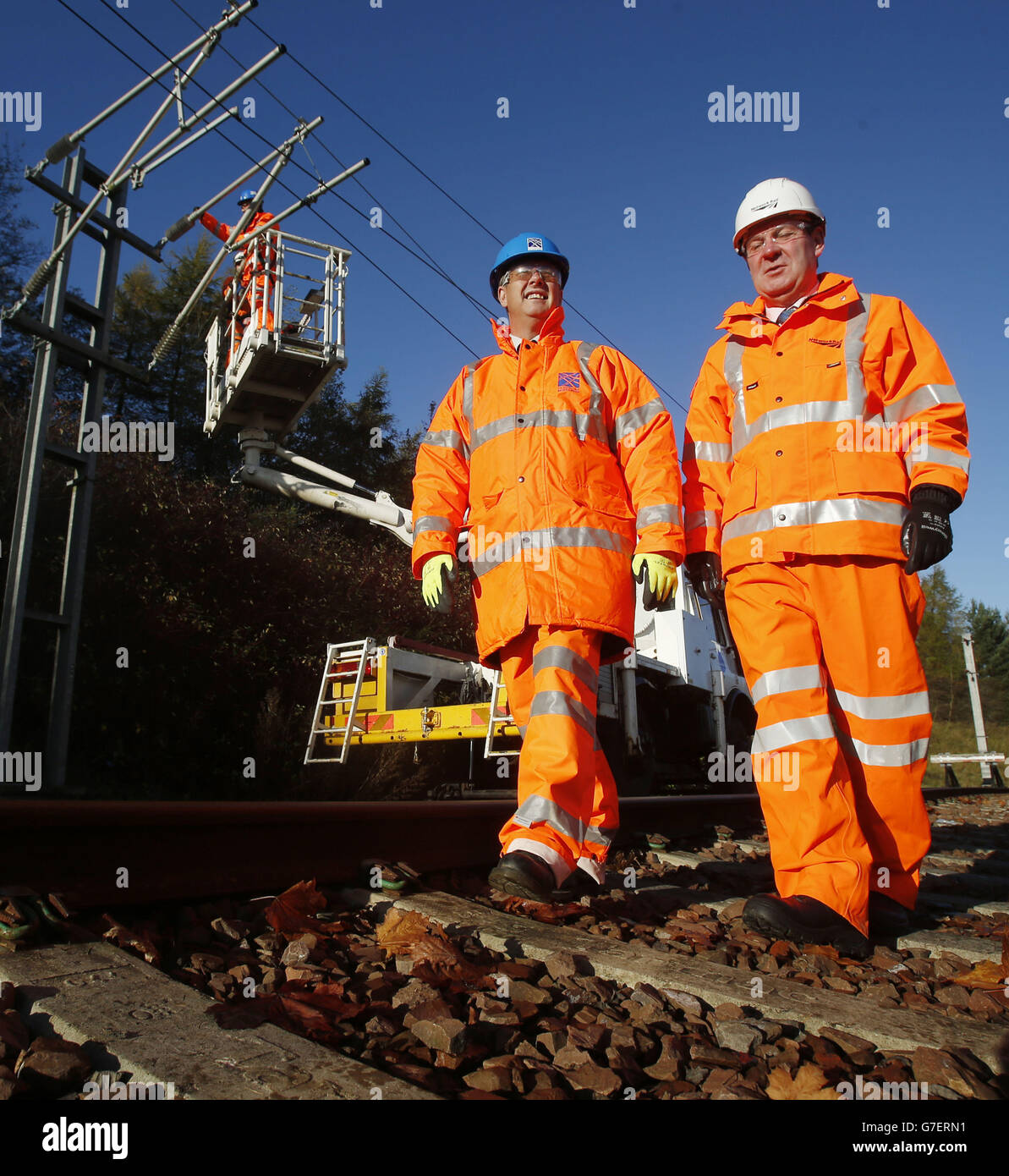 Transport Minister Keith Brown (left) and EGIP Programme Director Rodger Querns (right) during a visit to a Babcock training base in Blantyre, Scotland, as Network Rail announces the awarding of contracts for the &pound;250 million electrification of the Edinburgh-Glasgow main line. Stock Photo