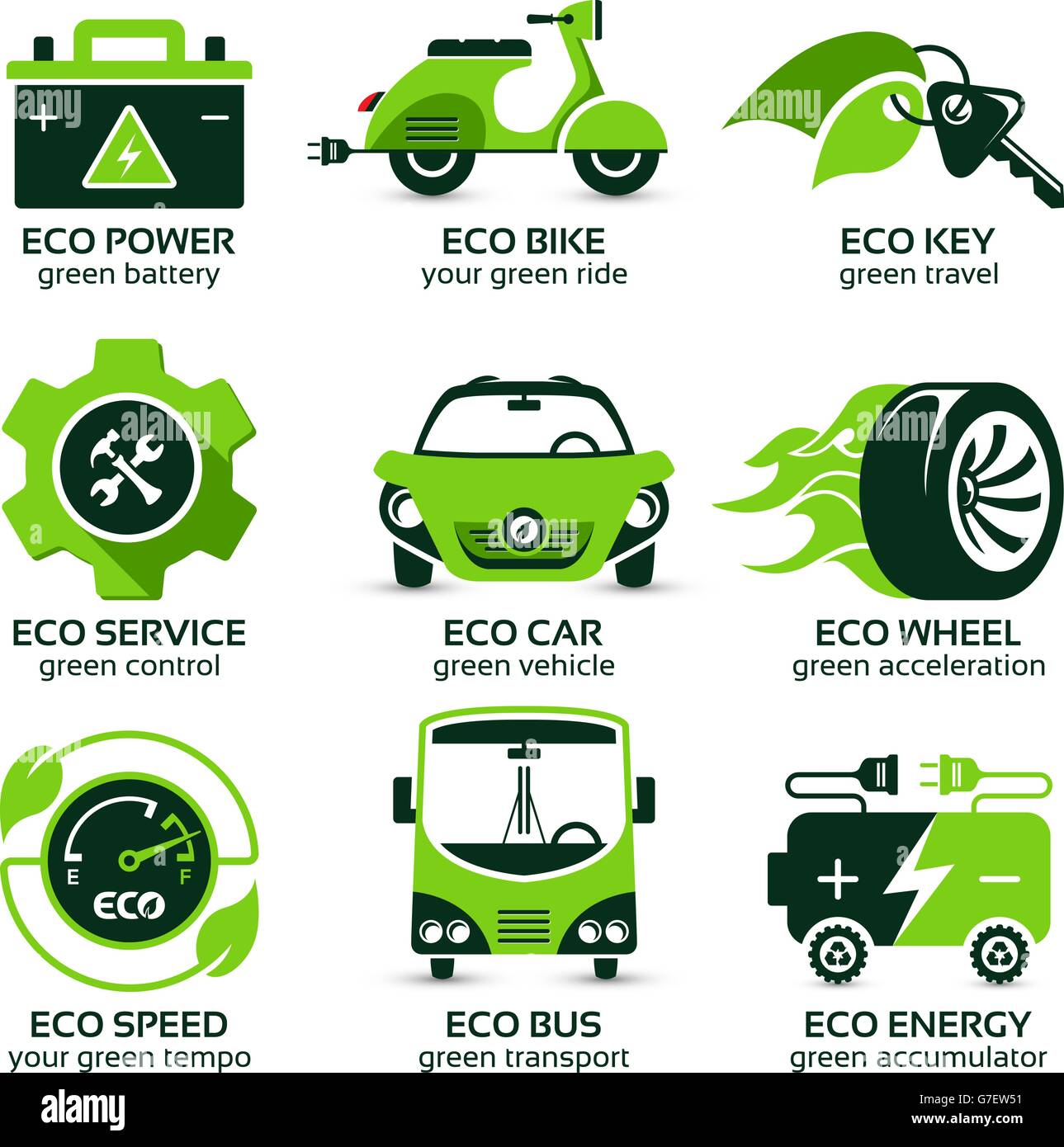 flat icon set for green eco urban traffic, the drop shadow contains transparencies, eps10 Stock Vector
