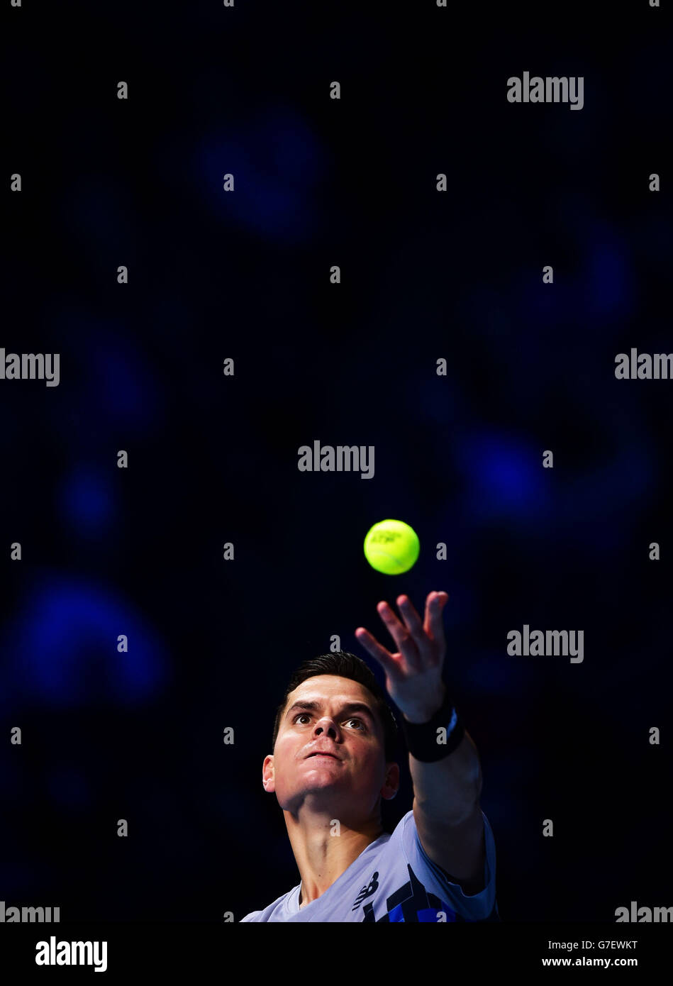 Canada's Milos Raonic during the Barclays ATP World Tour Finals at The O2 Arena, London. PRESS ASSOCIATION Photo. Picture date: Tuesday November 11, 2014. See PA story TENNIS London. Photo credit should read Adam Davy/PA Wire. Stock Photo