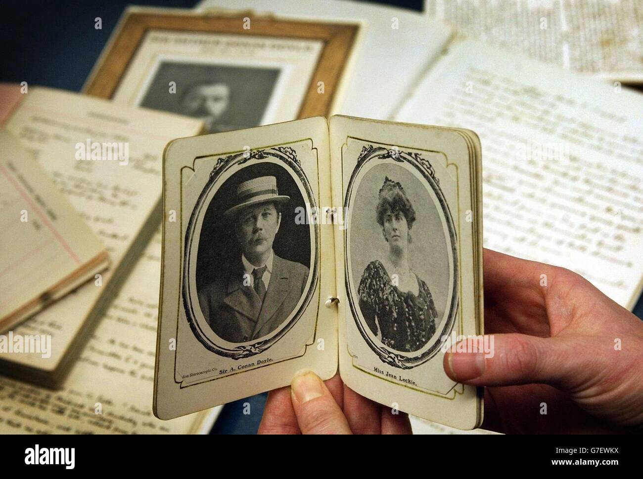 Some maunscripts, letters and photographs of Sir Arthur Conan Doyle and other previously unseen material, including his wedding photographs of his second marriage to Miss Jean Leckie, which will go on display at the British Library in London. Stock Photo