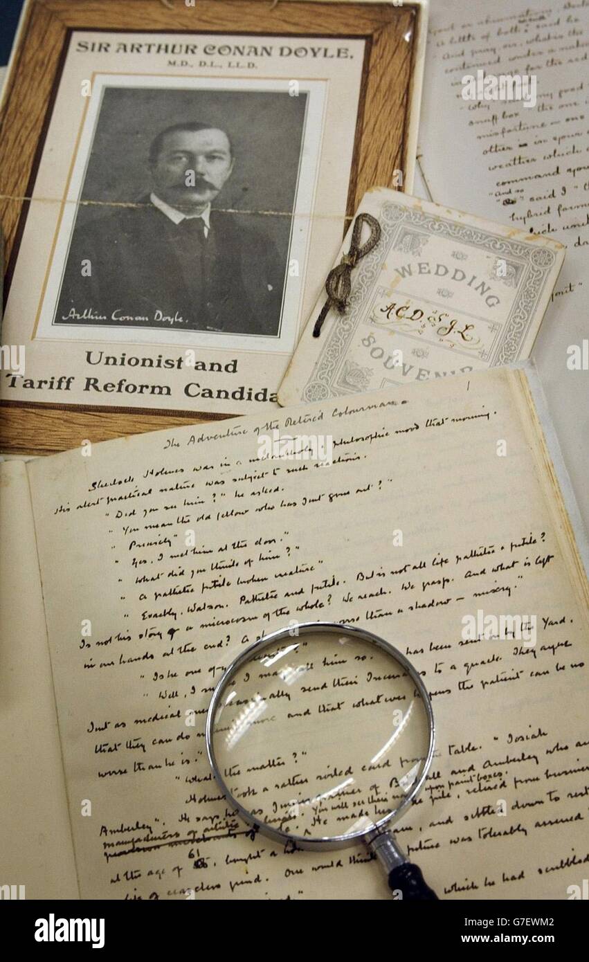 Some maunscripts, letters and photographs of Sir Arthur Conan Doyle and other previously unseen material, which will go on display at the British Library in London. Stock Photo