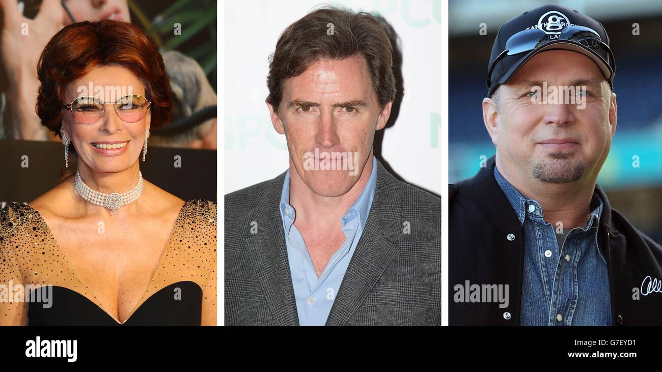 File photos of (from the left) Sophia Loren, Rob Brydon and Garth Brooks. Stock Photo