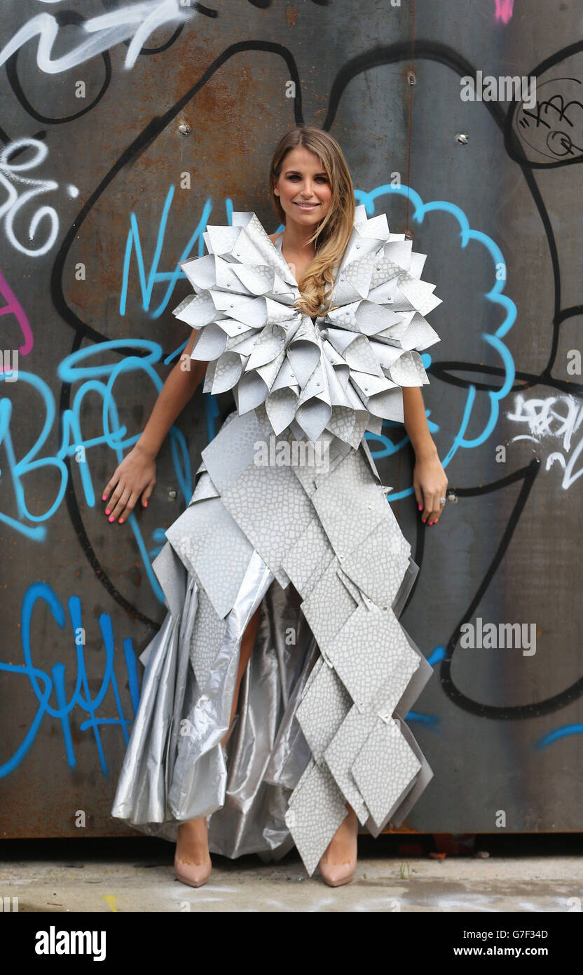 Vogue Williams models a dress called Diamonds in Vinyl in Windmill Lane, Dublin to launch the call out for entries to this year's Bank of Ireland, Junk Kouture Recycled Fashion Competition. Diamonds in Vinyl is a finalist from last year's competition. Stock Photo
