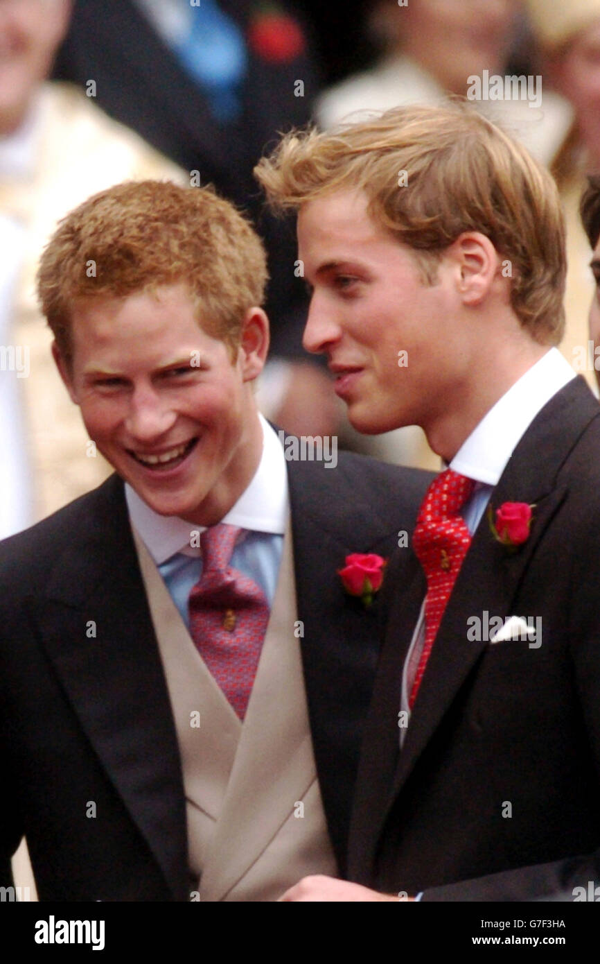 Prince William and Prince Harry as they leave the wedding of Lady Tamara Grosvenor to Edward van Cutsem at Chester Cathedral. Prince William acted as usher at the lavish service attended by 650 guests, including the Queen and the Duke of Edinburgh. The wedding brings together two of Britain's wealthiest families. Lady Tamara Grosvenor, 24, is the eldest daughter of the Duke of Westminster, Britain's richest man, whose land holdings, including swathes of Mayfair and Belgravia, give him a personal fortune estimated at 4 billion. Stock Photo