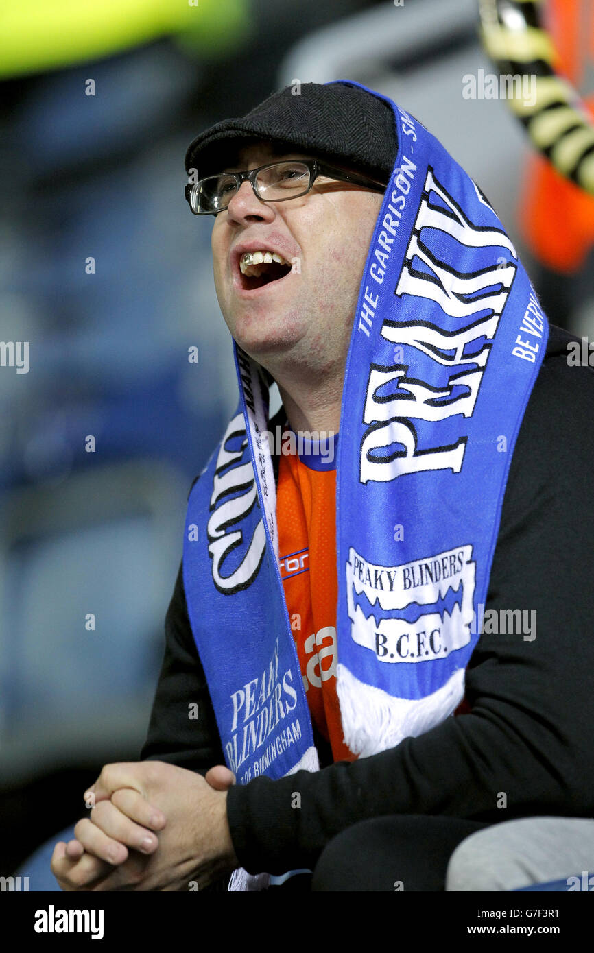 A Birmingham City fan with a scarf over 