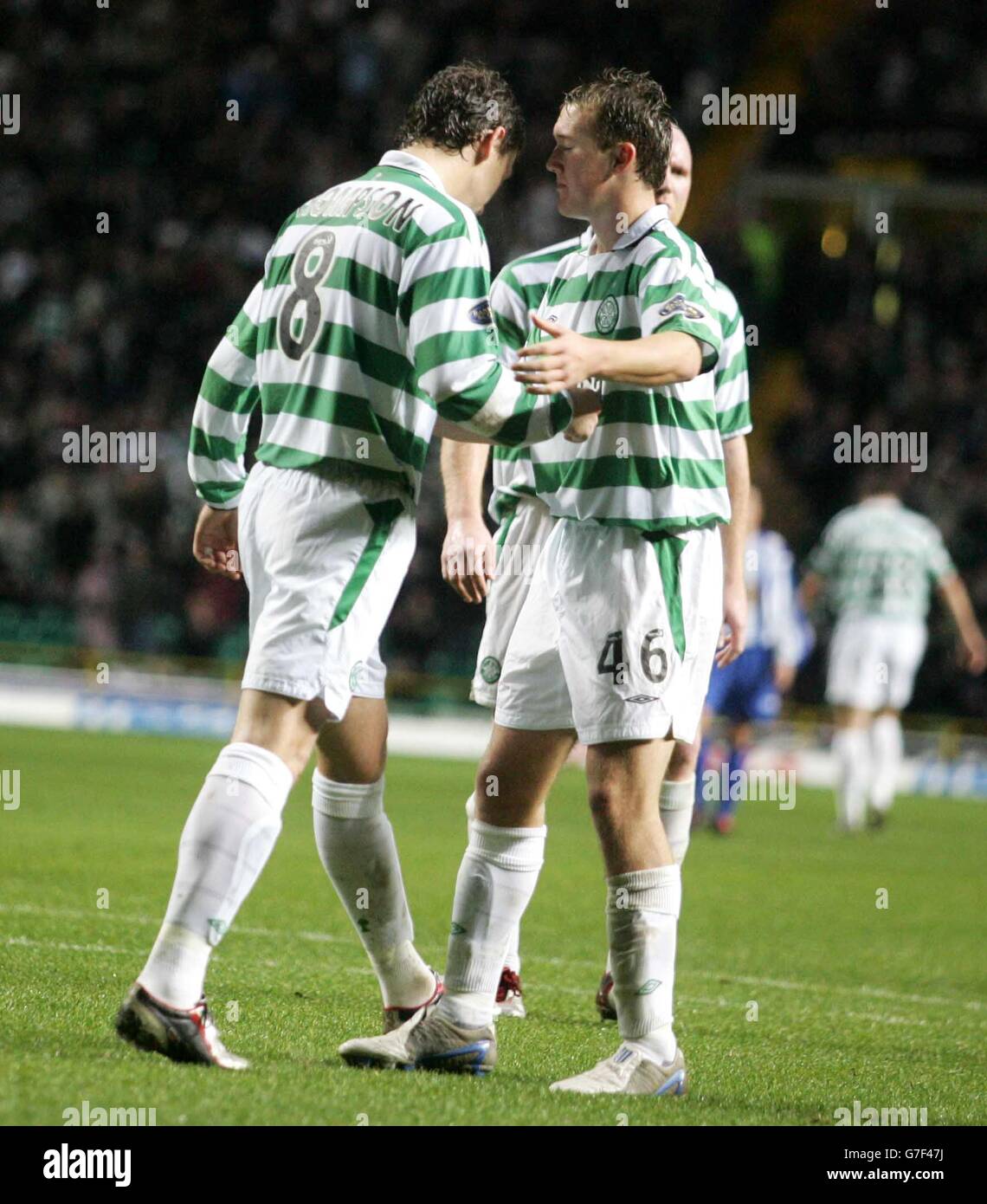 Celtic's Alan Thompson (left) celebrates with team-mate Aiden McGeady after scoring against Kilmarnock during the Bank of Scotland Premier League match at Hampden Park, Glasgow, Saturday, November 6, 2004. EDITORIAL USE ONLY. Stock Photo