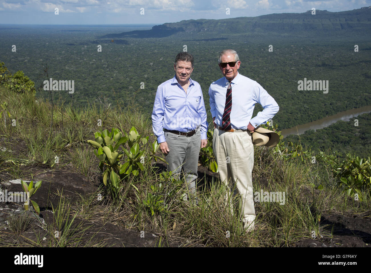 The Prince of Wales with President Santos during a visit to the Chiribiquete National Park as part of the royal tour of Colombia in South America. Stock Photo