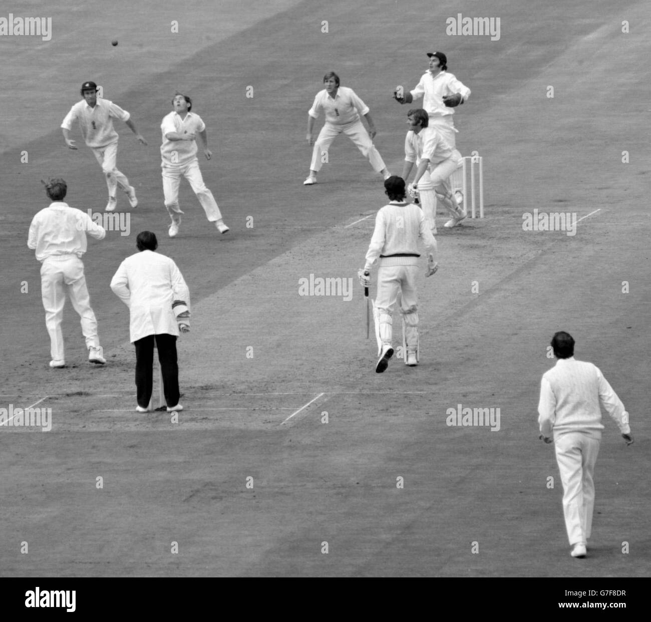 England captain Ray Illingworth (second from left facing) is ready to take the catch which dismissed Australia's Andrew Sheahan during the first day of the fourth Test match at Headingley, Leeds. Stock Photo