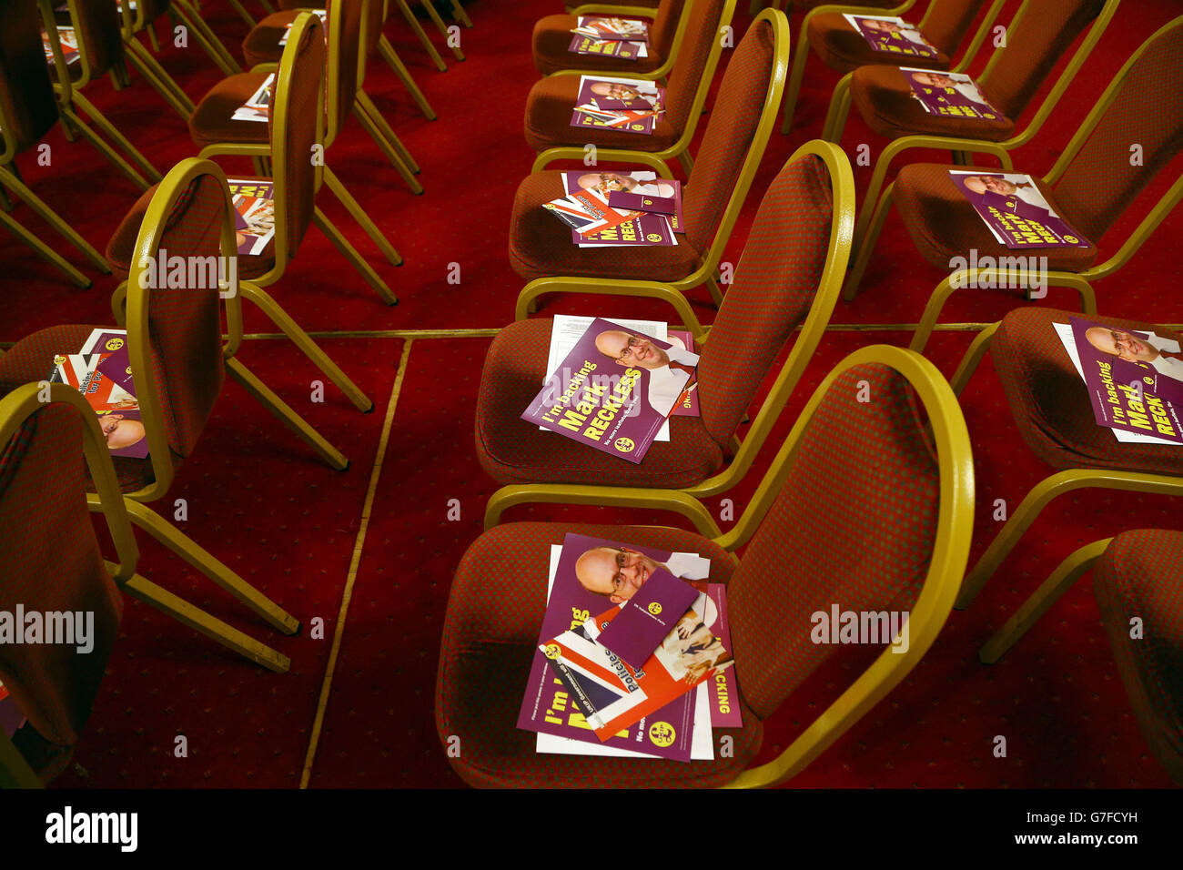 UKIP literature placed on seats before a party public meeting at the Guildhall in Rochester, Kent, ahead of the forthcoming Rochester and Strood by-election next week. Stock Photo