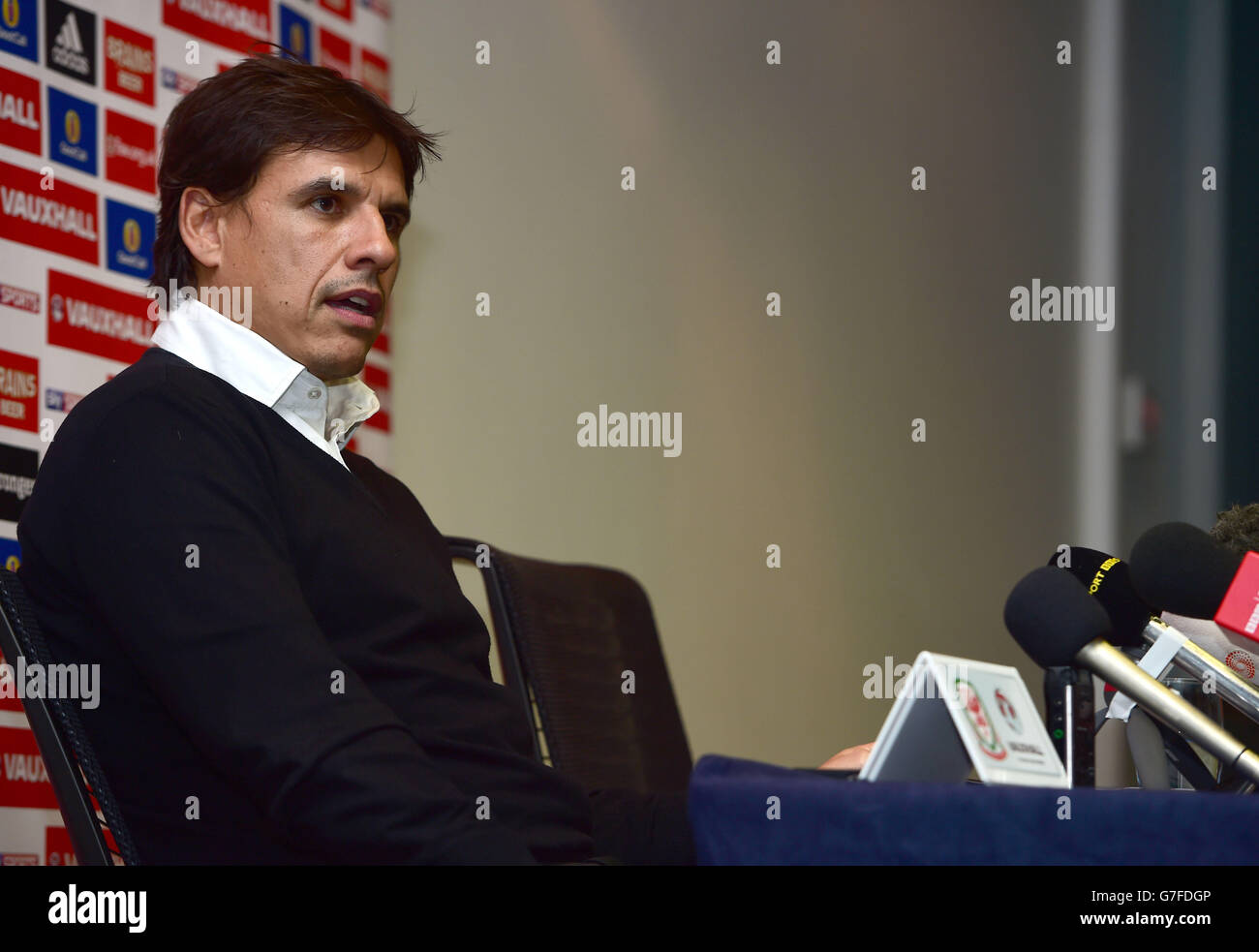 Wales' Manager Chris Coleman during the UEFA Euro 2016 Press Conference at the Dolce L Hulpe Brussels. Stock Photo