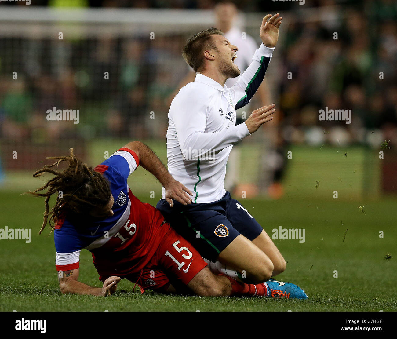 Republic of Ireland's Anthony Pilkington is fouled by USA's Kyle Beckerman during an International Friendly match at the Aviva Stadium, Dublin. Stock Photo