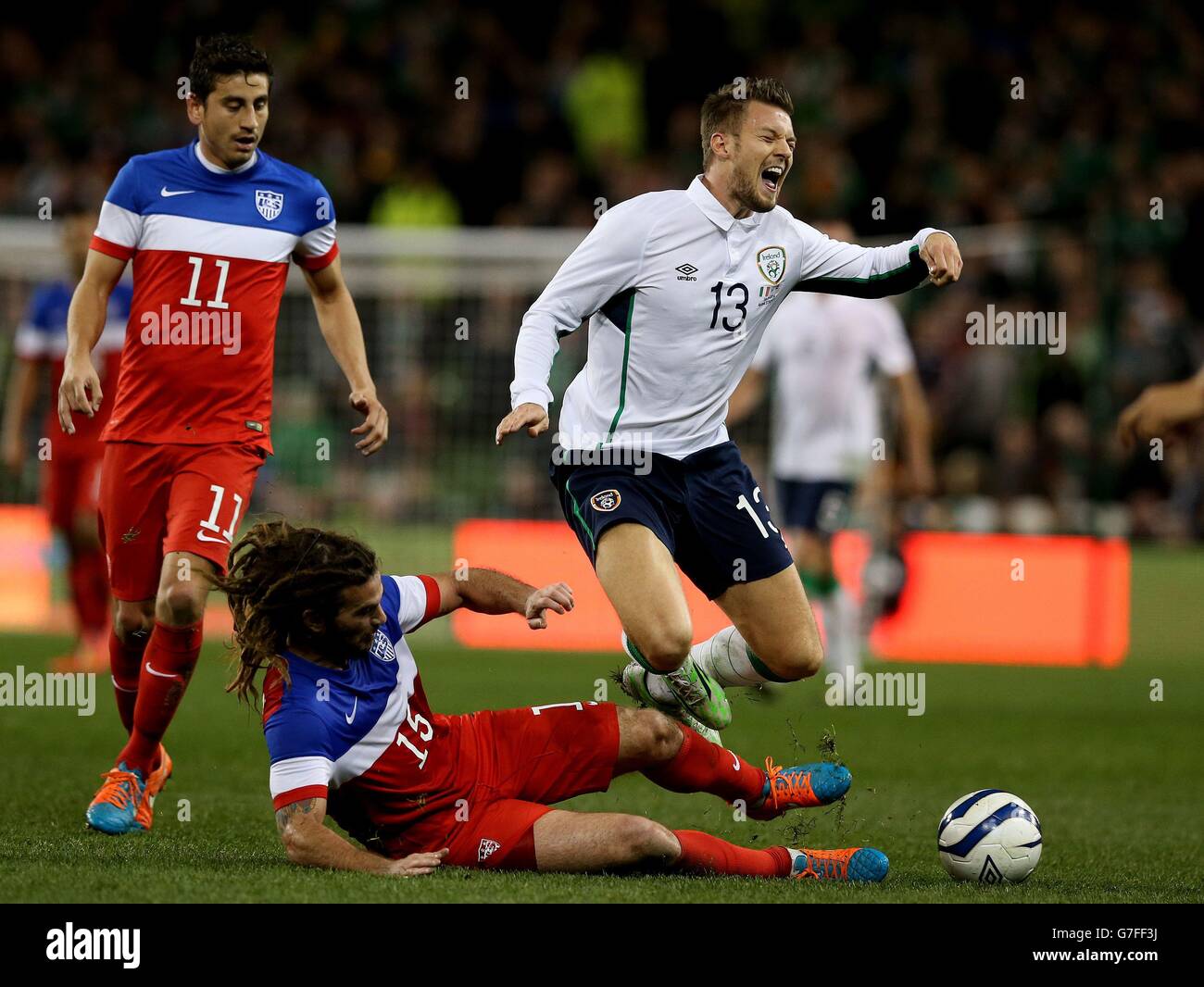 Republic of Ireland's Anthony Pilkington is fouled by USA's Kyle Beckerman during an International Friendly match at the Aviva Stadium, Dublin. Stock Photo