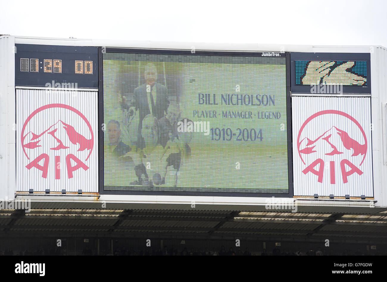 The big screen at White Hart Lane commemorating the anniversary of the death of Tottenham Hotspur club legend Bill Nicholson, who died in 2004. Stock Photo