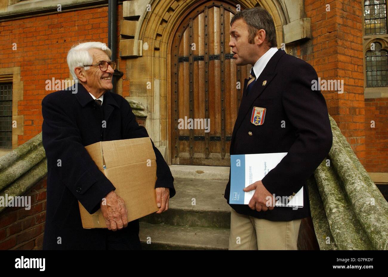Lord Lloyd of Berwick (L) speaks with Gulf War veteran Noel Baker, 38, from Medway, Kent, formerly with the 16/5th Lancers Armoured Reconaissance Unit , after Lord Lloyd presented his report on 'Gulf War Syndrome'. Stock Photo