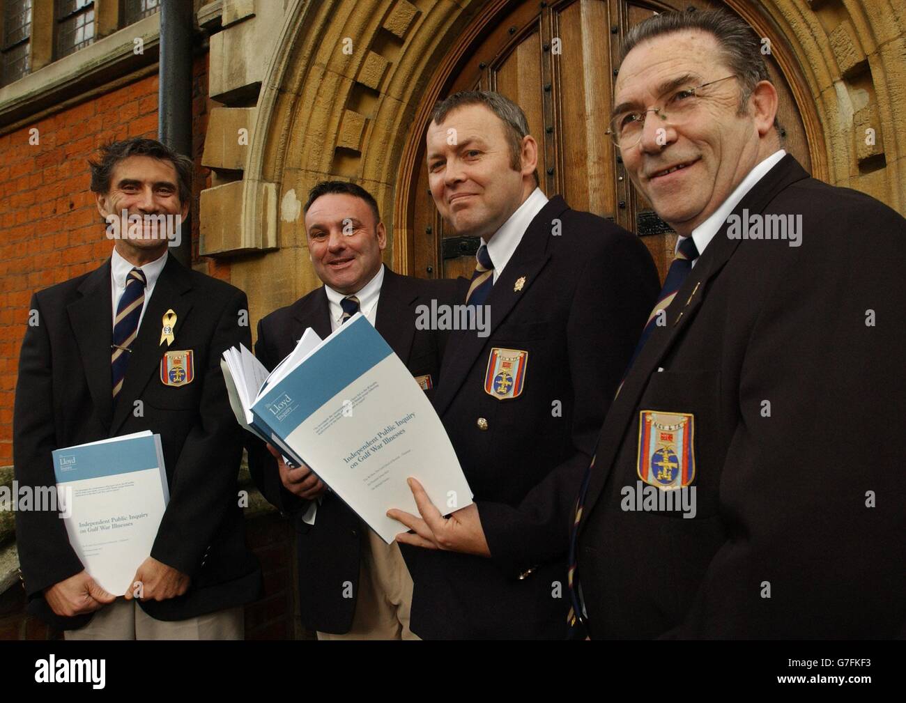 Gulf War 1 veterans, in Westminster after Lord Lloyd of Berwick presented his report on the alleged 'Gulf War Syndrome' experienced by military personnel following the conflict. They are, from left to right, Tony Flint, 57, Shaun Rusling, 45, Noel Baker, 38, and Charles Plumridge, 64. Stock Photo