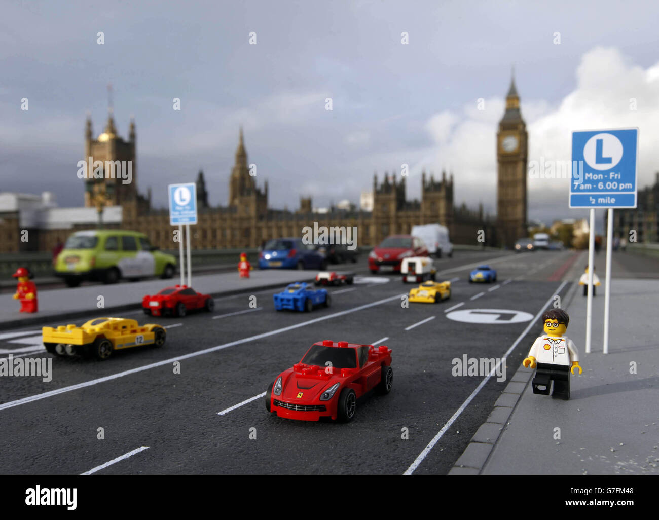 A model Ferrari F138, from the new Shell V-Power LEGO Collection, uses the  specially designed congestion lane for LEGO cars on Westminster Bridge in  London Stock Photo - Alamy