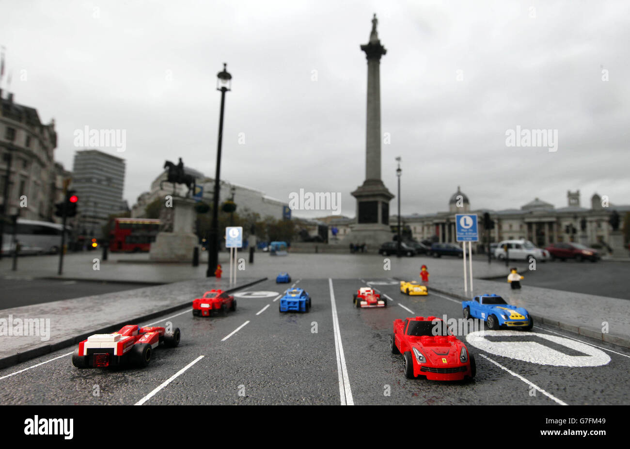 model Ferrari F138, from the new Shell V-Power LEGO Collection, uses the specially designed congestion lane for LEGO cars in Trafalgar Square in London Stock Photo - Alamy