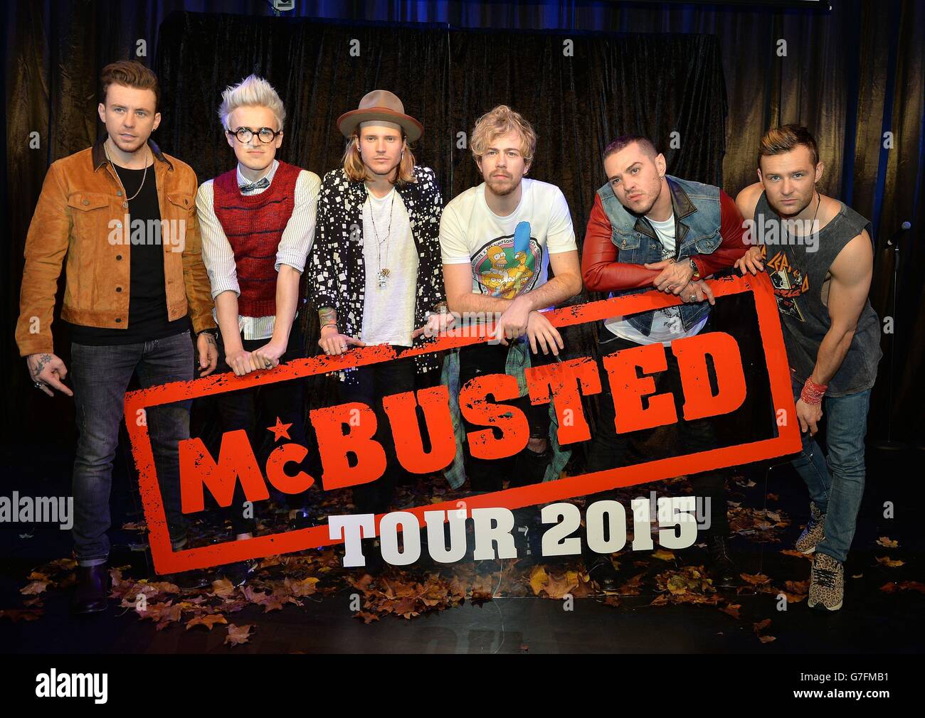 McBusted members (left-right) Danny Jones, Tom Fletcher, Dougie Poynter, James Bourne, Matt Willis and Harry Judd during a press conference at the Hippodrome Casino in central London, where they announced their 2015 tour dates. Stock Photo